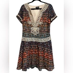 BeBe Turkish Flare Drop Waist Elegant Multicolor Embroidered Dress size 10
